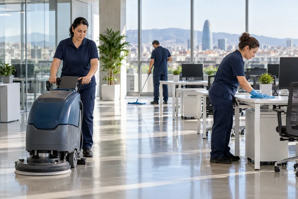 Equipo de limpieza con fregadora en una oficina diáfana