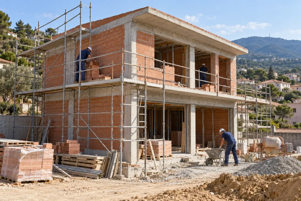 Vivienda unifamiliar en construcción con estructura de hormigón y cerramientos de ladrillo