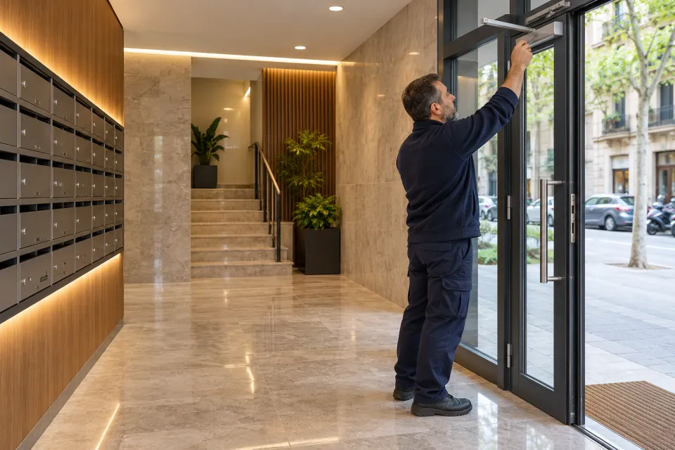 Vestíbulo de una comunidad de vecinos reformado, con buzones y suelo de piedra nuevos