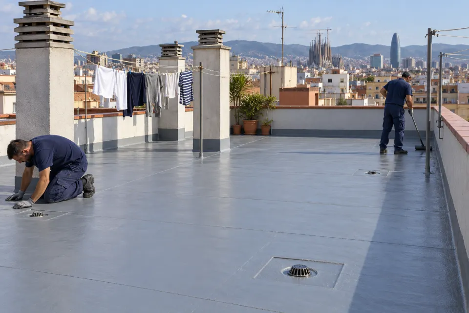 Terrado comunitario recién impermeabilizado con sumideros nuevos